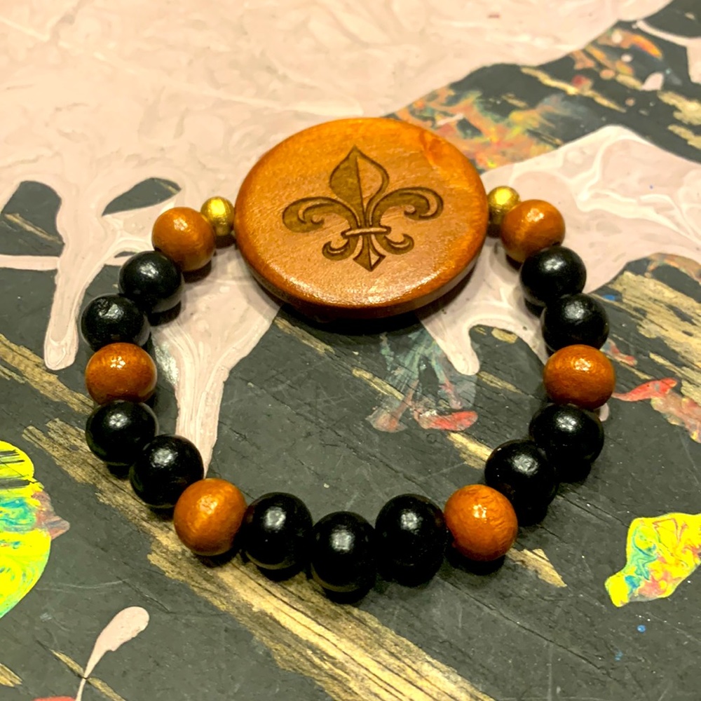 Wood Bead Bracelet with Fleur de Lis medallion